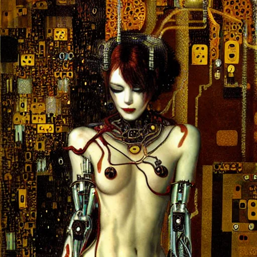 Prompt: depraved cybernetic vampire trapped in circuitry, intricate detail, klimt, miro, royo, whealan,