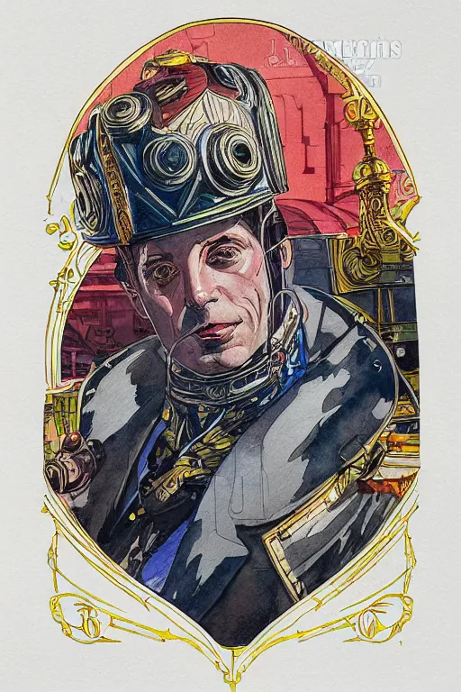 Image similar to zoomed out portrait of a duke, victorian era, art deco style, stylized illustration by moebius, juan gimenez, watercolor gouache detailed paintings in style of syd mead, metabaron, ghibli studio vibe, vivid colorful comics style, clean line, diesel punk,