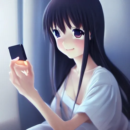 Prompt: beautiful serene intricate very detailed portrait of a realistic anime girl taking a selfie, smiling softly, wearing casual clothes, relaxing on the couch, interior lighting, cozy living room interior, soft focus, 8 k, art by irakli nadar, hyperrealism, hyperdetailed, ultra realistic