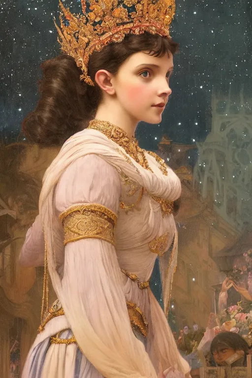 Image similar to a beautiful close - up painting of a crowned princess in a flowing gown resembling millie bobby brown watching the lantern festival in ancient london, at night with a sky full of stars, intricate, elegant, highly detailed, digital painting, artstation, concept art, by krenz cushart and artem demura and william adolph bouguereau and alphonse mucha