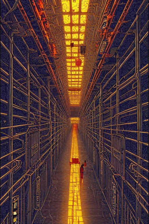 Image similar to artwork of a chinese prison by dan mumford and toshi yoshida and peter doig, symmetrical, vintage scifi, highly detailed, dramatic lightning,, 8 k