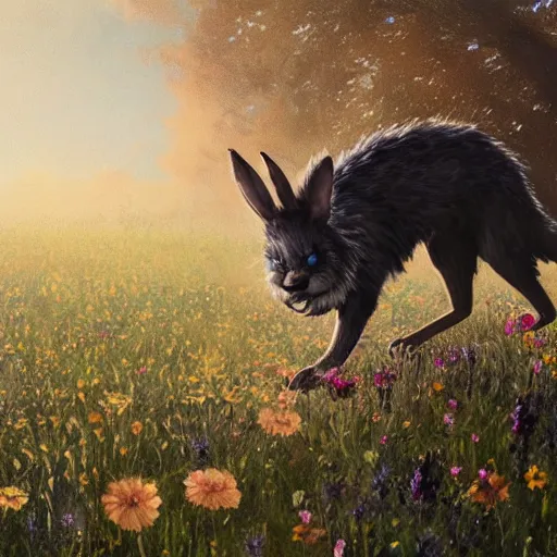 Image similar to A werewolf bunny transforming in a field of flowers. Academic painting by Greg Rutkowski, Mobile still frame. 4K UHD