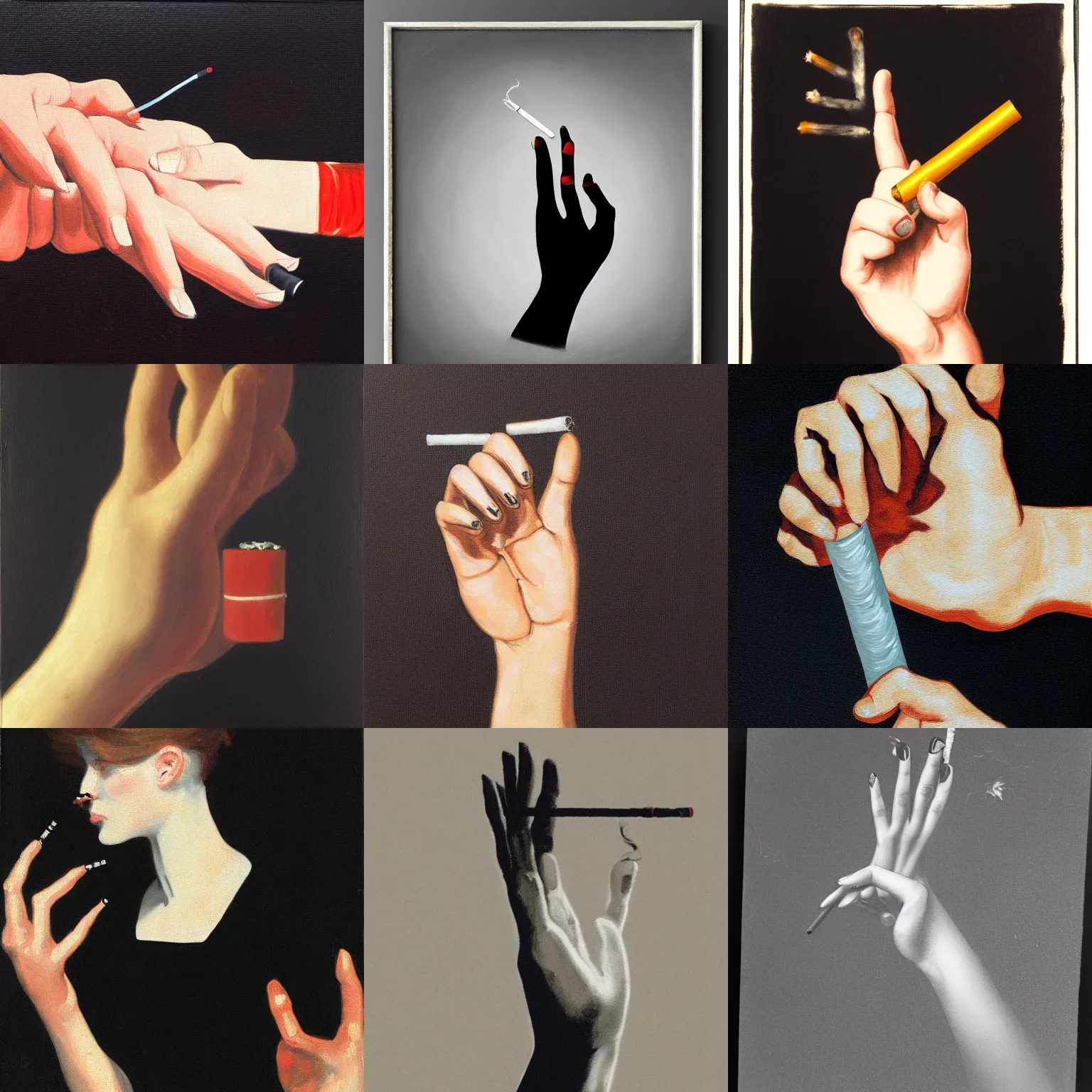 Image similar to structure of one lady's hand with cigarette on black background. Five thumbs. Painting 1882