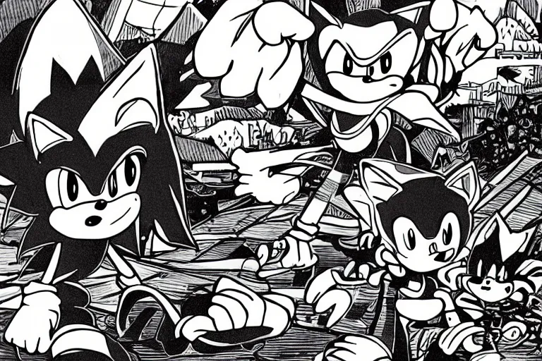 Prompt: grayscale image of sonic the hedgehog looking over the aftermath of the chinese massacre of 1 6 3 9