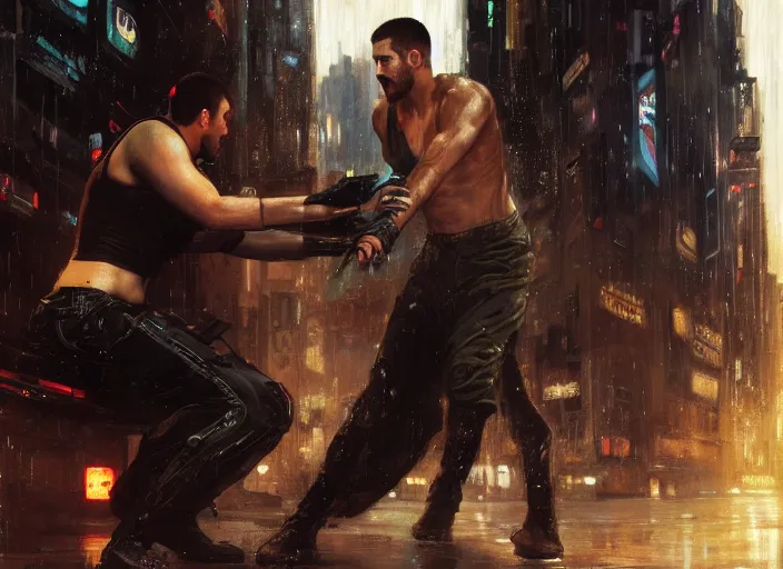 Image similar to blade runner fighting android 🤼 ( blade runner 2 0 4 9, cyberpunk 2 0 7 7 character design ). orientalist portrait by john william waterhouse and james gurney and theodore ralli and nasreddine dinet, oil on canvas. cinematic, hyper realism, realistic proportions, dramatic lighting, high detail 4 k