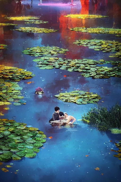 Image similar to nenufar in a pond, colorful, blue backgroung,clean, joyful, intricate, elegant, volumetric lighting, digital painting, highly detailed, artstation, sharp focus, illustration, concept art, ruan jia, steve mccurry