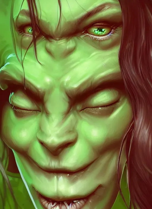 Image similar to green orc female, light green tone beautiful face, by artgerm, digital painting