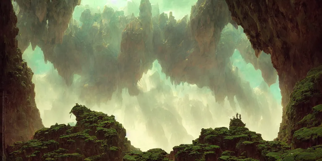 Image similar to bytopia planescape huge cave ceiling clouds made of green earth inverted upsidedown mountain artstation illustration sharp focus sunlit vista painted by ruan jia raymond swanland lawrence alma tadema zdzislaw beksinski norman rockwell tom lovell alex malveda greg staples