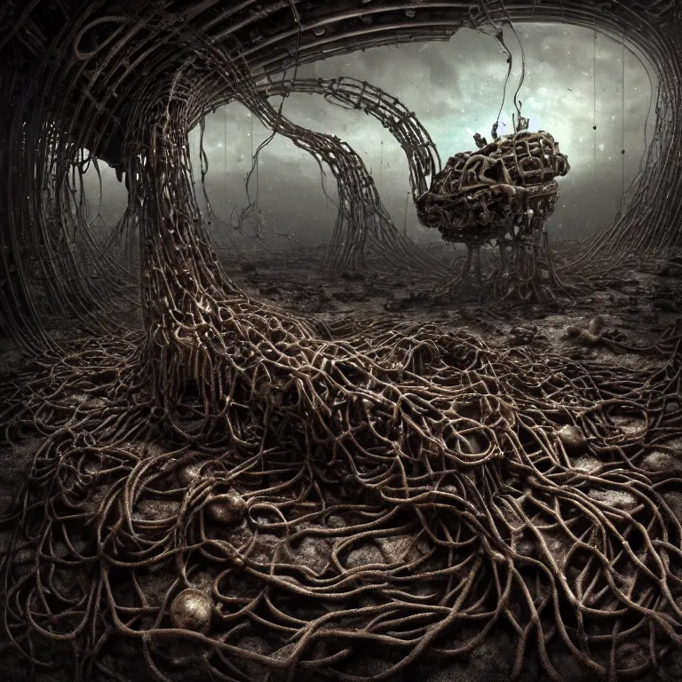 Image similar to still life of ribbed abandoned wreck of robot on exoplanet in heaven, covered with roots, wires, tubes, organic flesh, meat, standing in a desolate empty wasteland, baroque painting, creepy, nightmare, dream-like heavy atmosphere, surreal abandoned buildings, baroque painting, beautiful detailed intricate insanely detailed octane render trending on Artstation, 8K artistic photography, photorealistic, chiaroscuro, Raphael, Caravaggio, Beksinski, Giger