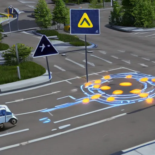 Image similar to a realistic photo of an intersection that uses portals from the video game portal 2 to control traffic by sending vehicle into blue portals and out of organge portals at an intersection, trending on cgstation