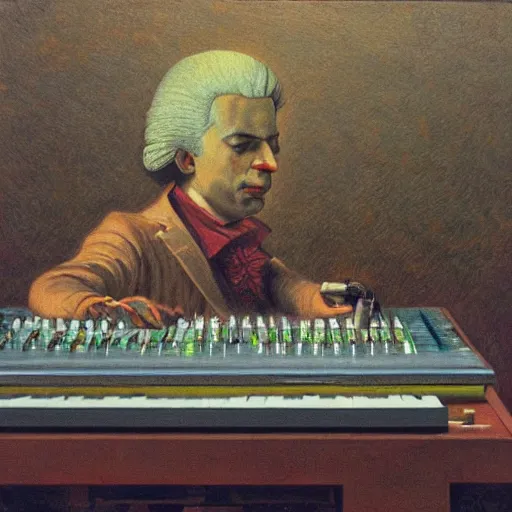 Image similar to Painting of Mozart mixing at the turntables in a style of Beksinski