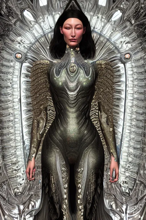 Prompt: a highly detailed metahuman 4 k render of an alien lsd goddess bella hadid in iris van herpen dress schiaparelli in diamonds swarovski and jewelry in style of alphonse mucha gustav klimt trending on artstation made in unreal engine 4