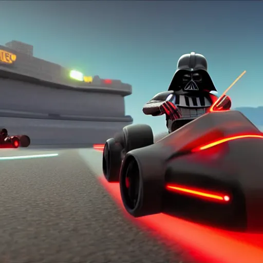 Prompt: still image of darth vader driving in mario kart tour deluxe race, unreal engine 5, 3 d, octane