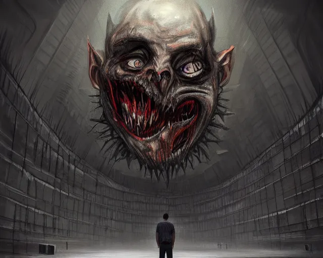 Image similar to concept art of a man standing in a endless werehouse, a distorted horrifying face, horror | | epic - fine - clean, polished, trending on artstation, brush strokes