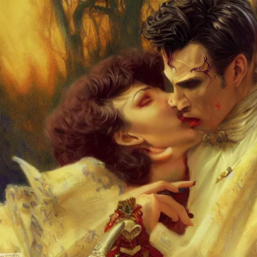 Image similar to attractive male, arthur pendragon confesses his love to attractive male dracula the vampire. highly detailed painting by gaston bussiere, craig mullins, j. c. leyendecker 8 k