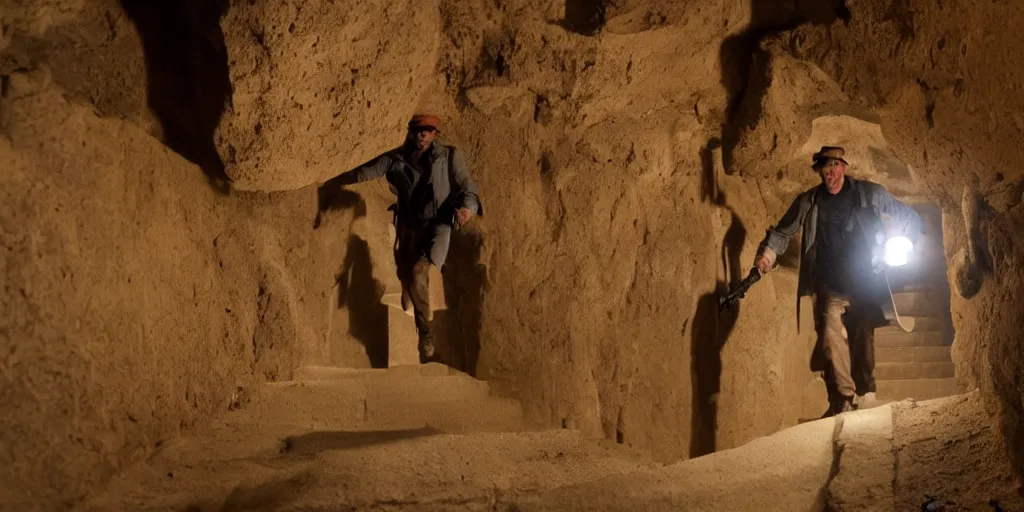 Image similar to Indiana Jones with a torch walking down a staircase into a dark Ancient Egyptian Sandstone tomb