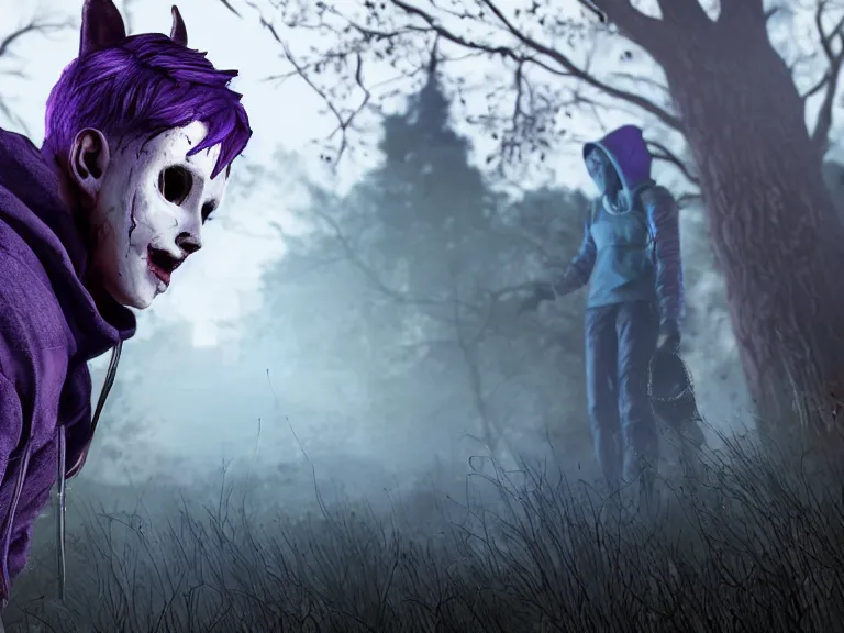 Image similar to purple haired man with cat ears, blue hoodie, facing away from camera in dead by daylight with hook, moody lighting