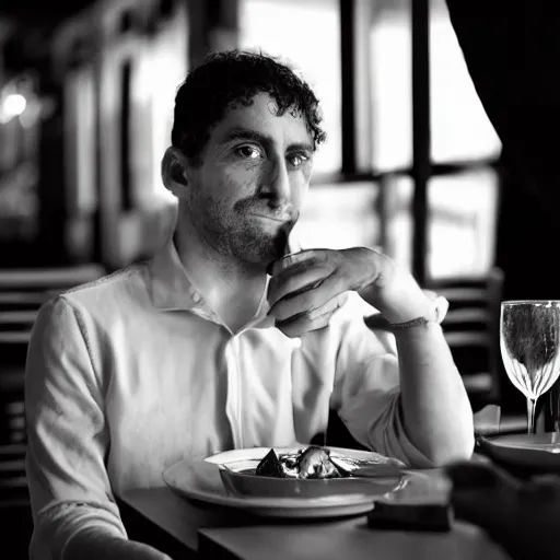 Prompt: portrait of a 3 0 years old frenchman in 2 0 2 0 at a restaurant. award winning photography, 5 0 mm, studio lighting, contrasted.