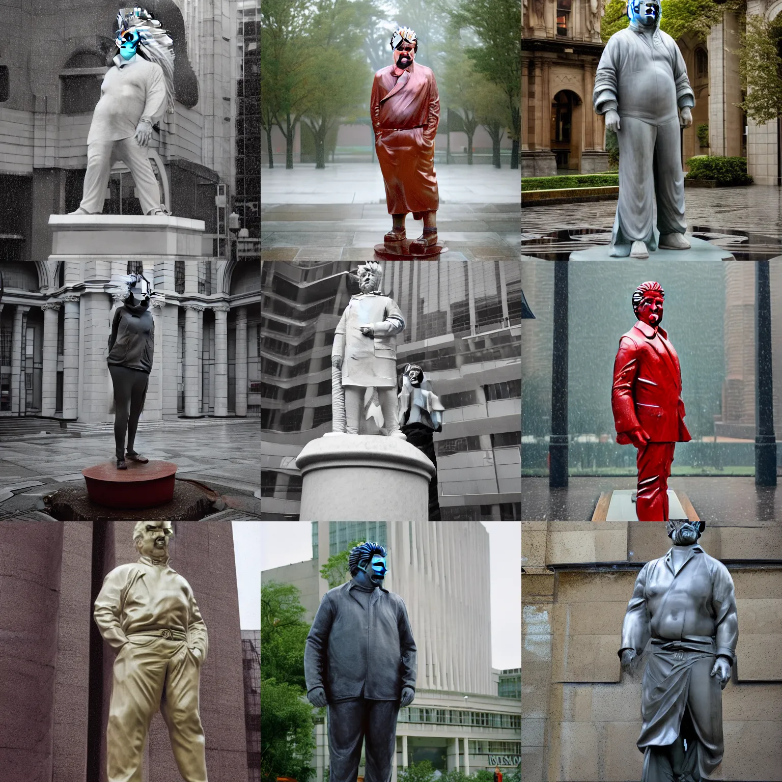 Prompt: A monumental, 10 feet tall marble sculpture of Guy Fieri standing, in the middle of a rainy courtyard, natural overcast lighting, museum catalog photography, F 2.8, 85mm Velvia 100, high DOF