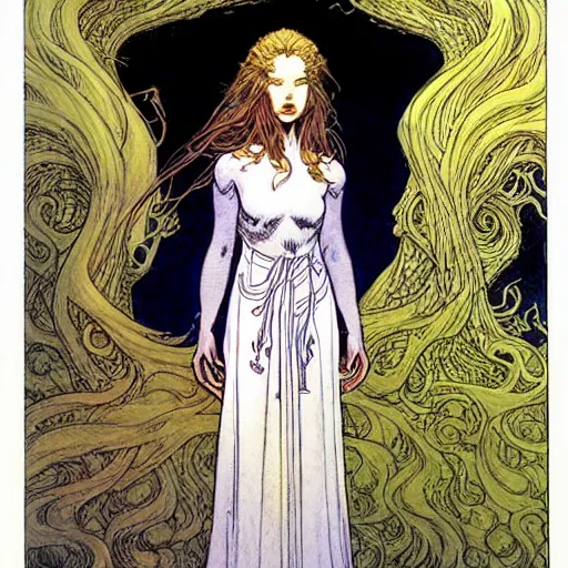 Image similar to a beautiful portrait of sanna!!!!! marin!!!!!, the young female prime minister of finland as a druidic wizard by rebecca guay, michael kaluta, charles vess and jean moebius giraud