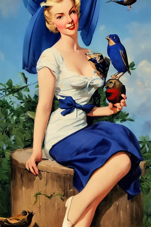 Prompt: portrait of 1 9 4 0 s blond pinup girl holding an indigo bunting, bird, the bird is wearing a bowtie, by greg rutkowski, rossdraws, gil elvgren, enoch bolles, porcelain skin, glistening, very coherent,