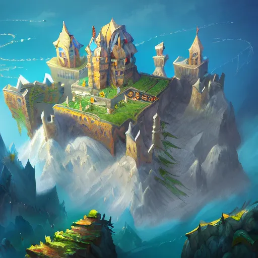 Image similar to flying castle location. game illustration, gamedev, game, design, mobile, aerial view, isometric, blizzard, playrix, nexters, intricate, elegant, pixel perfect, fantasy, highly detailed, digital painting, trending on artstation, sharp focus, by irina knk, by ann bruhanova, by zze festa, by tatiana gromova, 4 k