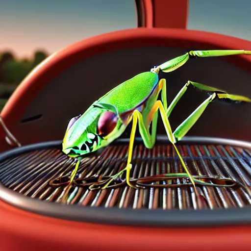 Prompt: pixar style praying mantis in a driver seat of a barbecue grill car, 4 k, detailed, octane renderer