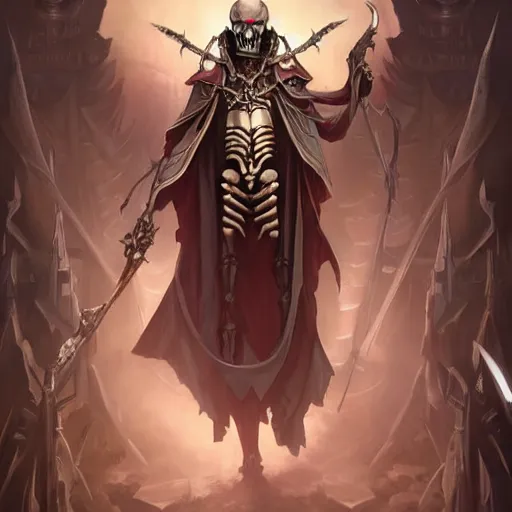 Prompt: Tall skeleton overlord, covered with royal robes, magic caster, wide shoulders, evil aura, full body shot, digital pencil art, fantasy, isekai, art by artgerm and greg rutkowski and alphonse mucha