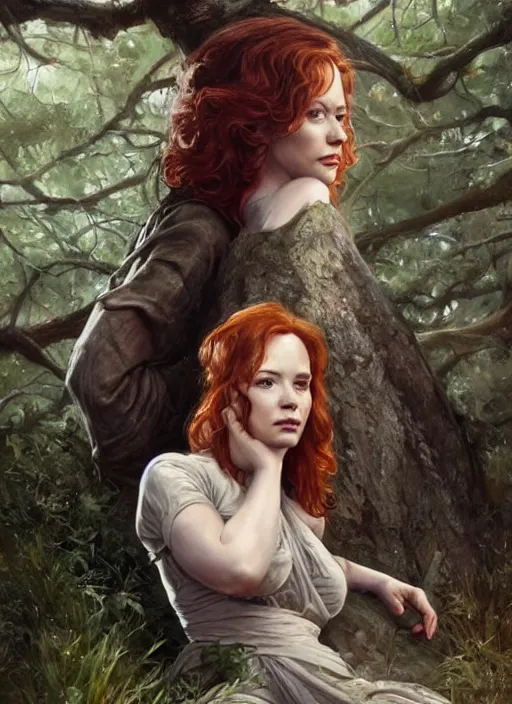 Image similar to tired Christina Hendricks taking a rest under a tree after an long adventure a ruggedly muscled handsome heroine, intricate, elegant, highly detailed, centered, digital painting, artstation, concept art, smooth, sharp focus, illustration, artgerm, donato giancola, Joseph Christian Leyendecker, WLOP, Artgerm, thunder storm