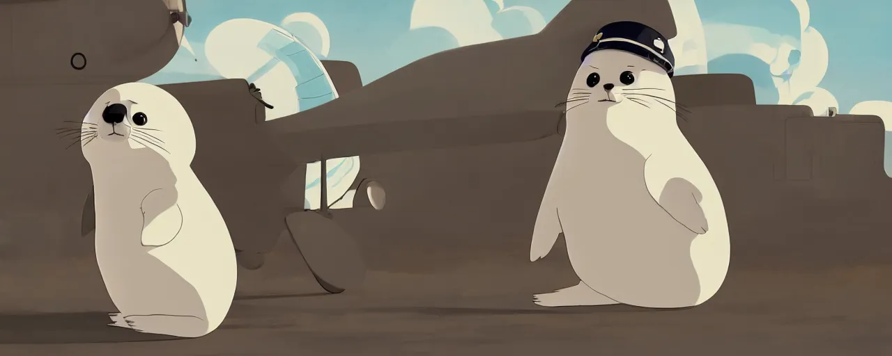 Image similar to baby harp seal dressed as a pilot from the 1 9 3 0 s, atey ghailan, goro fujita, studio ghibli, rim light, soft daytime lighting, clear focus, very coherent