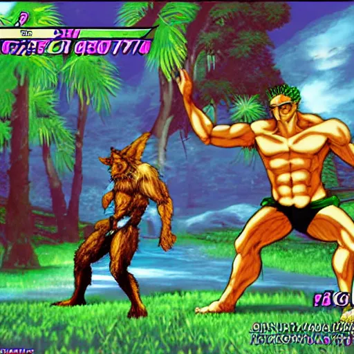 Prompt: brazilian folklore, werewolf, saci, curupira, iara, boto cor de rosa, caipora, 2d fighting game, bengus art style, shinkiro art style, capcom