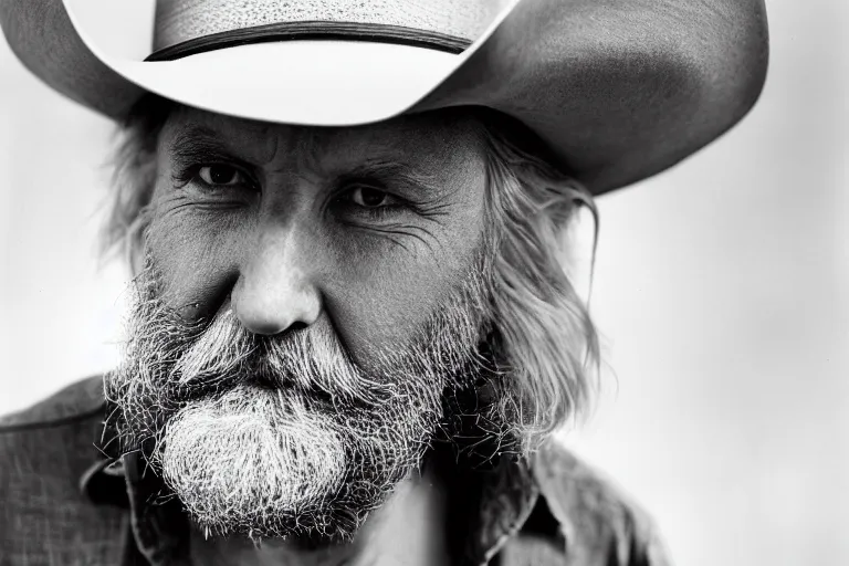 Prompt: a portrait photo of a 35 year old skinny Caucasian man with a large white beard and long white hair wearing a blue shirt looking at the camera, wearing a cowboy hat