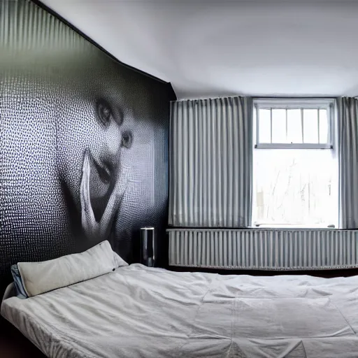 Image similar to very wide angle photograph of a cozy bedroom with a huge window designed by hr giger