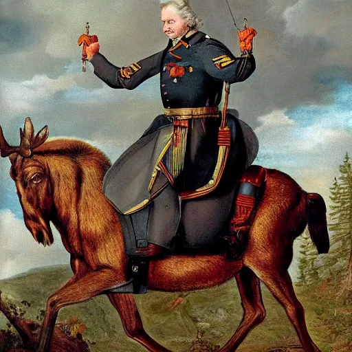 Image similar to portrait of carl xvi gustaf riding a moose into battle