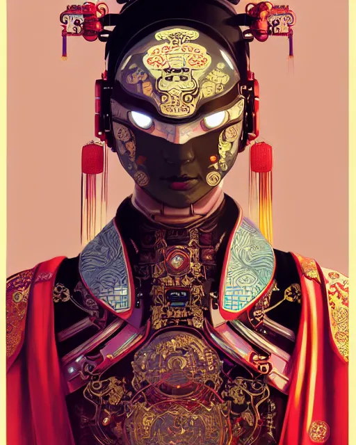 Image similar to portrait of a chinese cyberpunk machine, machine face, robed, upper half portrait, decorated with chinese opera motifs regal royal fierce machine robot cyberpunk fine china, wuxia, traditional chinese art intricate intense elegant highly detailed digital painting artstation concept art smooth sharp focus illustration, art by artgerm and greg rutkowski alphonse mucha 8 k