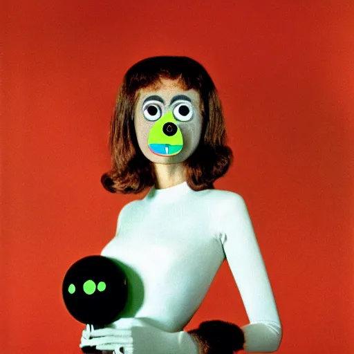 Prompt: glamorous woman with an inflatable spherical prosthetic nose, cardboard googly eyes, 1 9 7 5, color, tarkovsky, medium - shot 1 6 mm film, in meadow