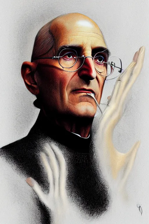 Image similar to bald pale sorcerer, stately and dour expression, high black turtleneck, opulent white golden red robe, white leather gloves with gold decoration, sharp focus, benedict xvi, steve jobs, illustration, digital painting, art by magali villeneuve