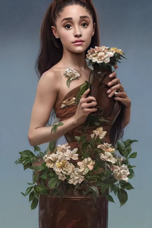 Image similar to beautiful cottagecore Ariana Grande holding a skin colored vase. intricate, elegant. the background is made of human bodies !. highly detailed, digital painting, artstation, concept art, smooth, sharp, focus, illustration. . art by artgerm and greg rutkowski and alphonse mucha