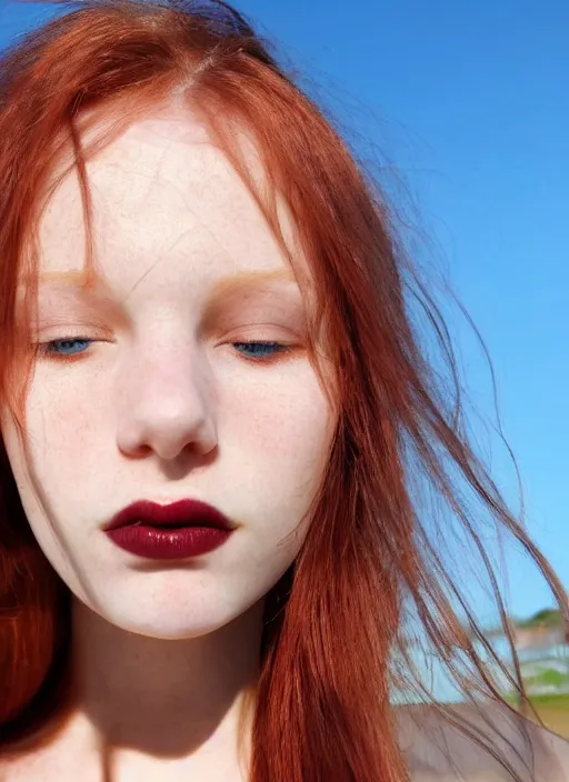 Prompt: close up portrait photograph of a anesthetic beautiful!!! thin young redhead woman with russian descent, sunbathed skin, with deep blue round!! Symmetrical!! eyes. Wavy long maroon colored hair. she looks directly at the camera. Slightly open mouth, face takes up half of the photo. a park visible in the background. 55mm nikon. Intricate. Very detailed 8k texture. Sharp. Cinematic post-processing. Award winning portrait photography. Sharp eyes.