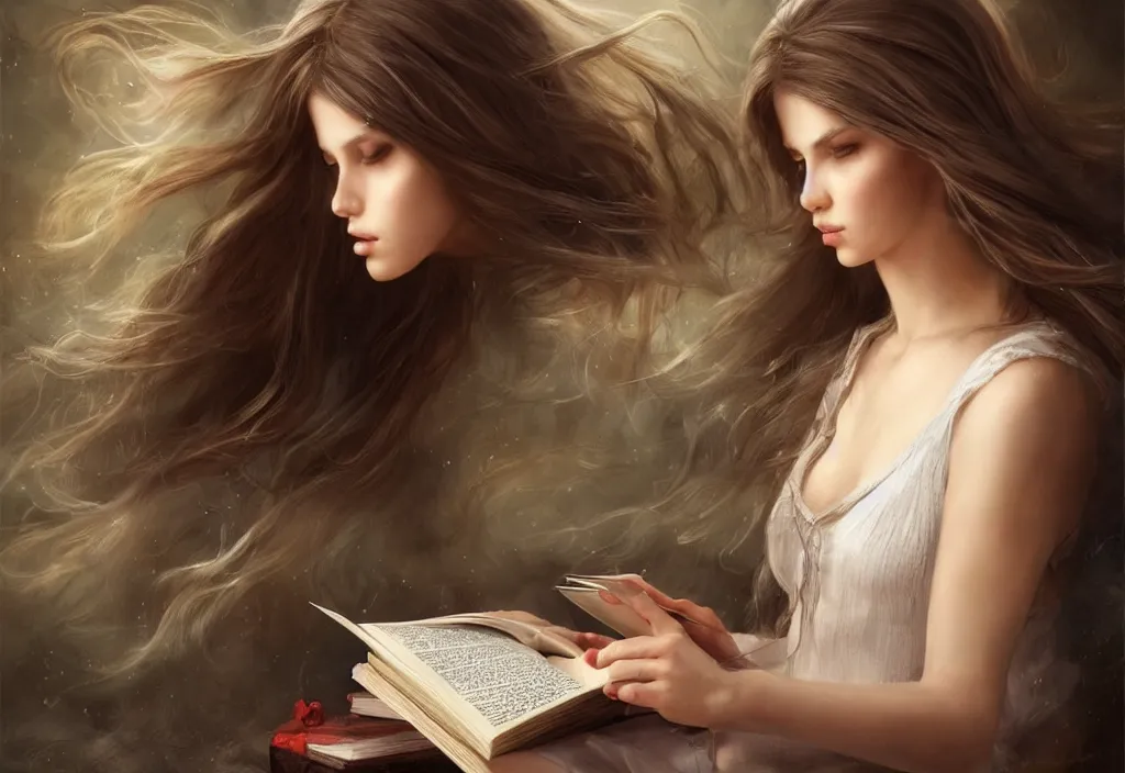 Image similar to a girl reading a book, hair flowing down, 8 k, hyperrealistic, hyperdetailed, fantasy portrait by laura sava