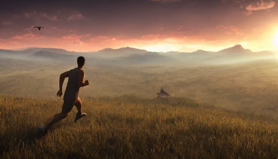 Prompt: back view of man running on the edge of mountains watching animals in the field in the distance, volumetric light, sunset, hyperdetailed, artstation, cgsociety, 8 k