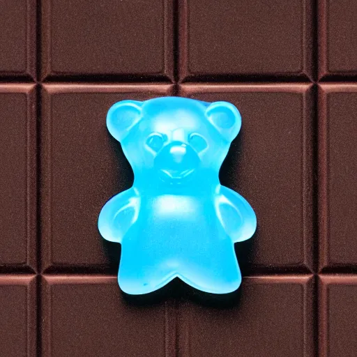 Image similar to render of blue gummy bear sitting on a chocolate bar