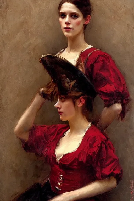 Image similar to Solomon Joseph Solomon and Richard Schmid and Jeremy Lipking victorian genre painting full length portrait painting of a young beautiful woman traditional german barmaid in fantasy costume, red background