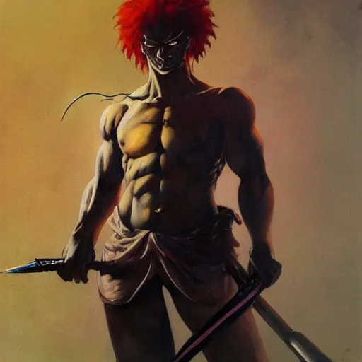 Prompt: ultra realistic painting of hisoka as assassin, art by frank frazetta, 4 k, ultra realistic, highly detailed, epic lighting