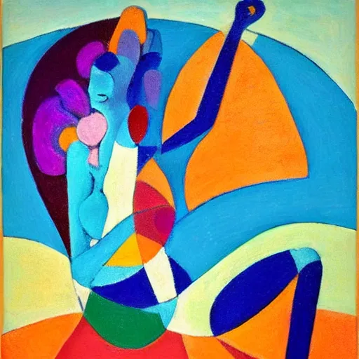 Prompt: woman woman dressed in flowers dances by the ocean at sunset, abstract art in the style of cubism and georgia o'keefe,