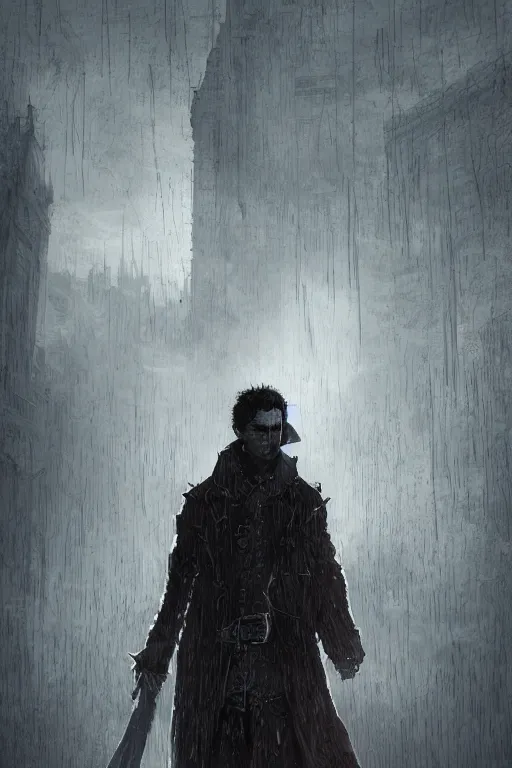 Prompt: Aramis Knight as a vampire hunter full body portrait, seductive, sexy, foggy, London, intricate, wooden stake, silver cross, digital painting, old english, raining, sepia, particles floating, whimsical background by marc simonetti, artwork by liam wong