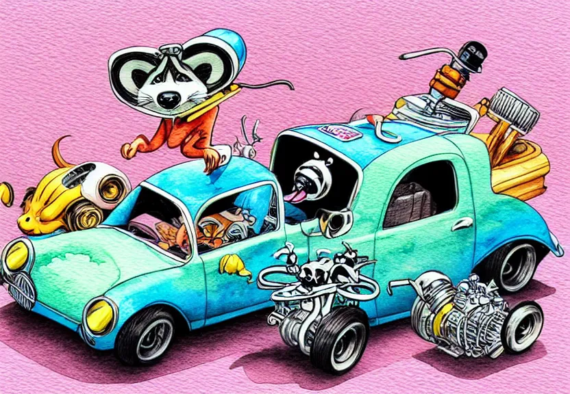 Image similar to cute and funny, racoon riding in a tiny hot rod coupe with oversized engine, ratfink style by ed roth, centered award winning watercolor pen illustration, isometric illustration by chihiro iwasaki, edited by range murata