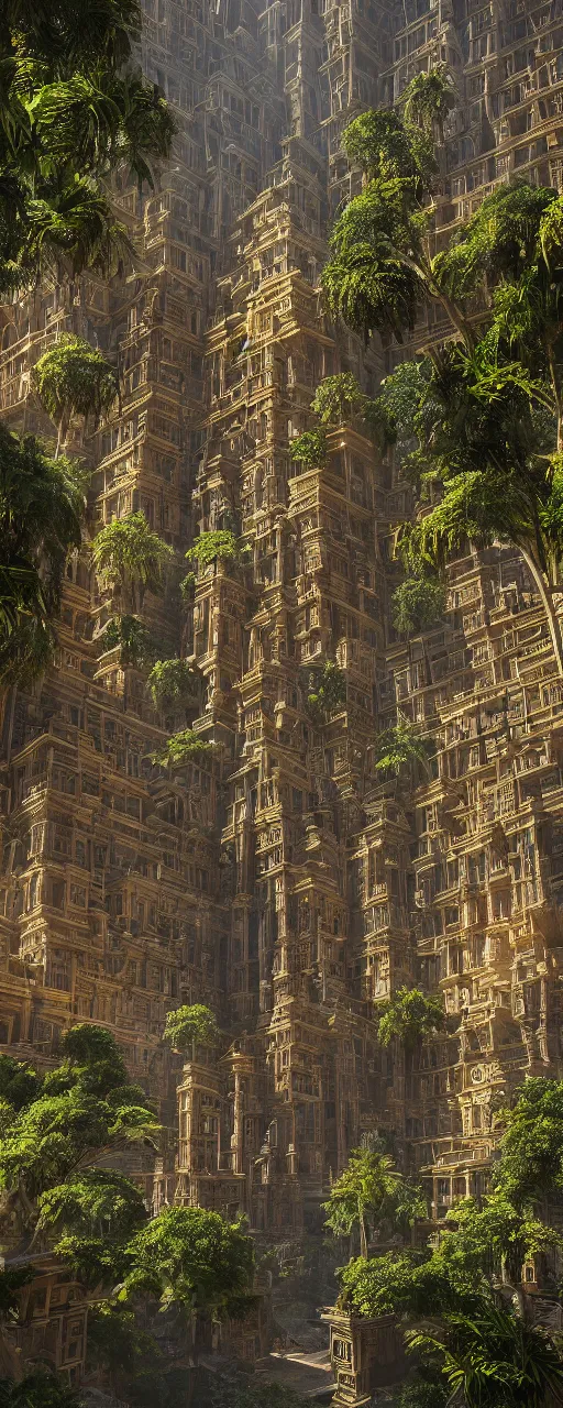 Image similar to photorealistic eye level conteporary babylon tower, golden intricate details, stone facade, sacred ancient architecture, hanging gardens, cascading highrise, arid mountains with lush palm forest, sunlight, post - production, octane, cgi, sfx