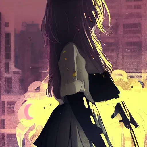 Image similar to Frequency indie album cover, luxury advertisement, yellow filter, white and gray colors. Clean and detailed post-cyberpunk sci-fi close-up schoolgirl in asian city in style of cytus and deemo, blue flame, relaxing, calm and mysterious vibes, by Tsutomu Nihei, by Yoshitoshi ABe, by Ilya Kuvshinov, by Greg Tocchini, nier:automata, set in half-life 2, Matrix, GITS, Blade Runner, Neotokyo Source, Syndicate(2012), dynamic composition, beautiful with eerie vibes, very inspirational, very stylish, with gradients, surrealistic, dystopia, postapocalyptic vibes, depth of field, mist, rich cinematic atmosphere, perfect digital art, mystical journey in strange world, beautiful dramatic dark moody tones and studio lighting, shadows, bastion game, arthouse