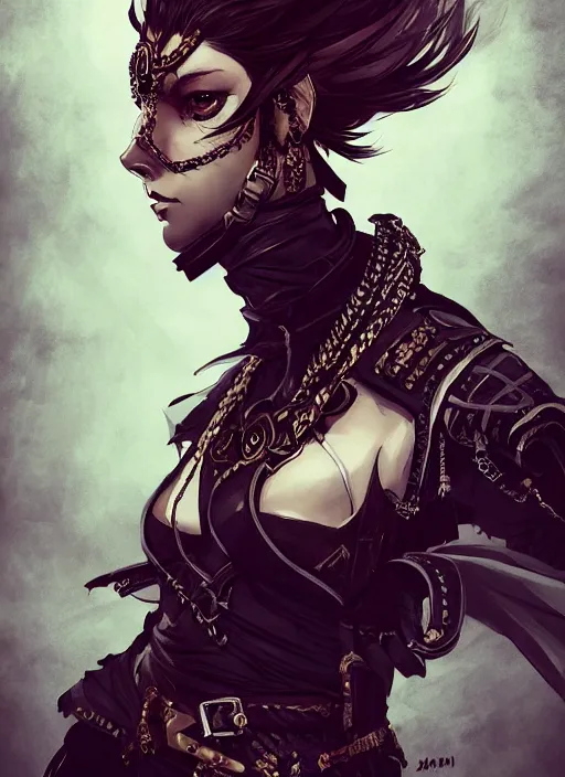 Image similar to Half body portrait of young woman with short hair wearing ornate leather tunic, pirate attire. In style of Yoji Shinkawa and Hyung-tae Kim, trending on ArtStation, dark fantasy, great composition, concept art, highly detailed, dynamic pose.